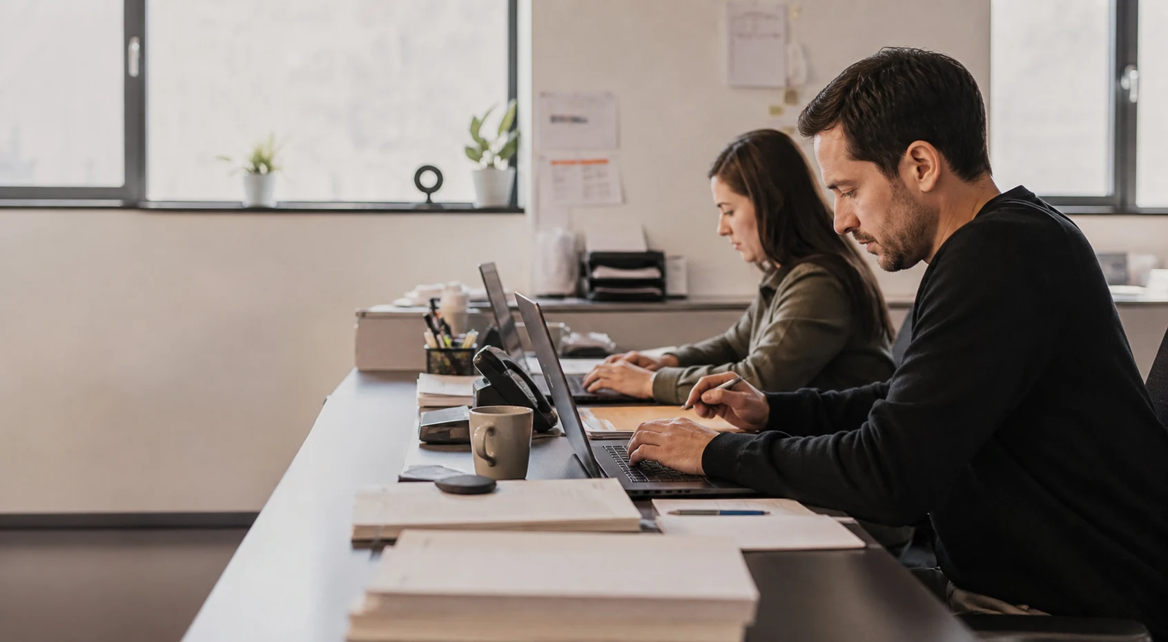 Two people work side by side on laptops along a long desk.