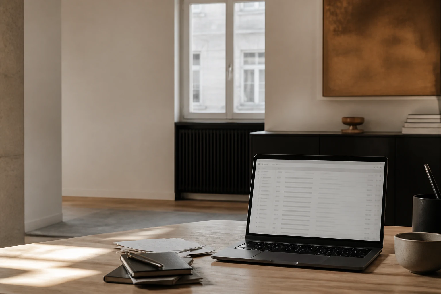 Ein Laptop mit vollem Posteingang steht allein auf einem Holztisch in einem ruhigen Raum.