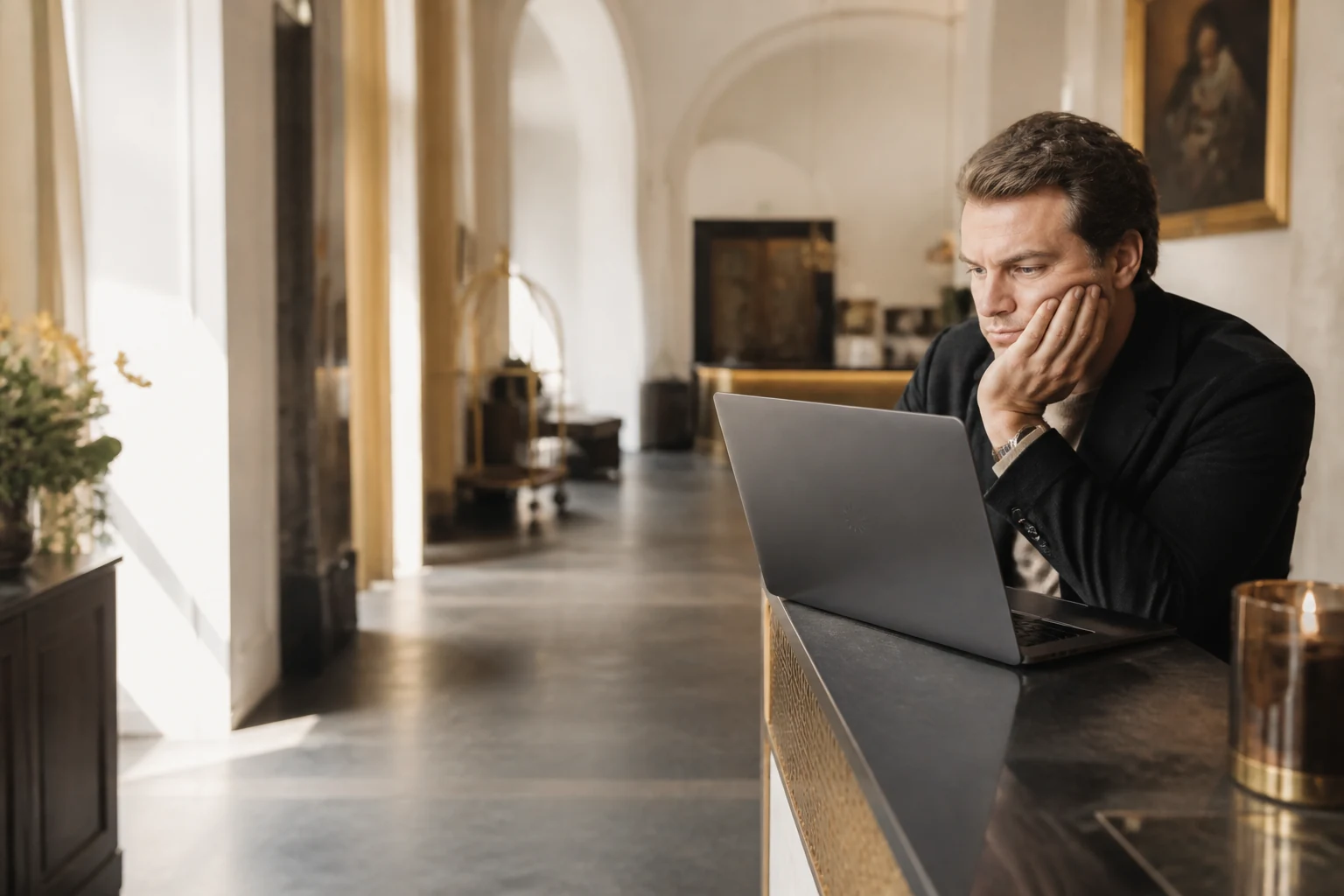 Ein Mann stützt den Kopf in die Hand und wartet vor einem Laptop.