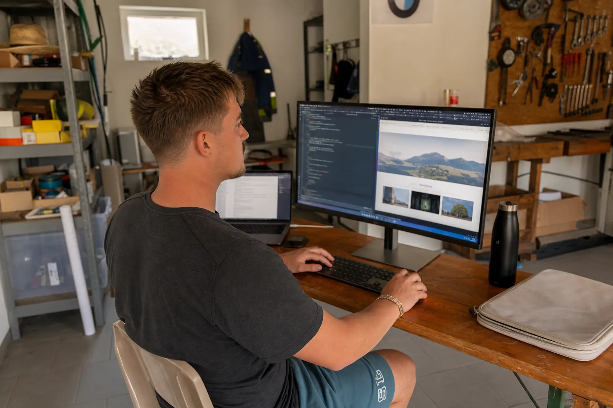 Jonas Kreuzhuber entwickelt eine Website am Bildschirm im Büro in Grieskirchen