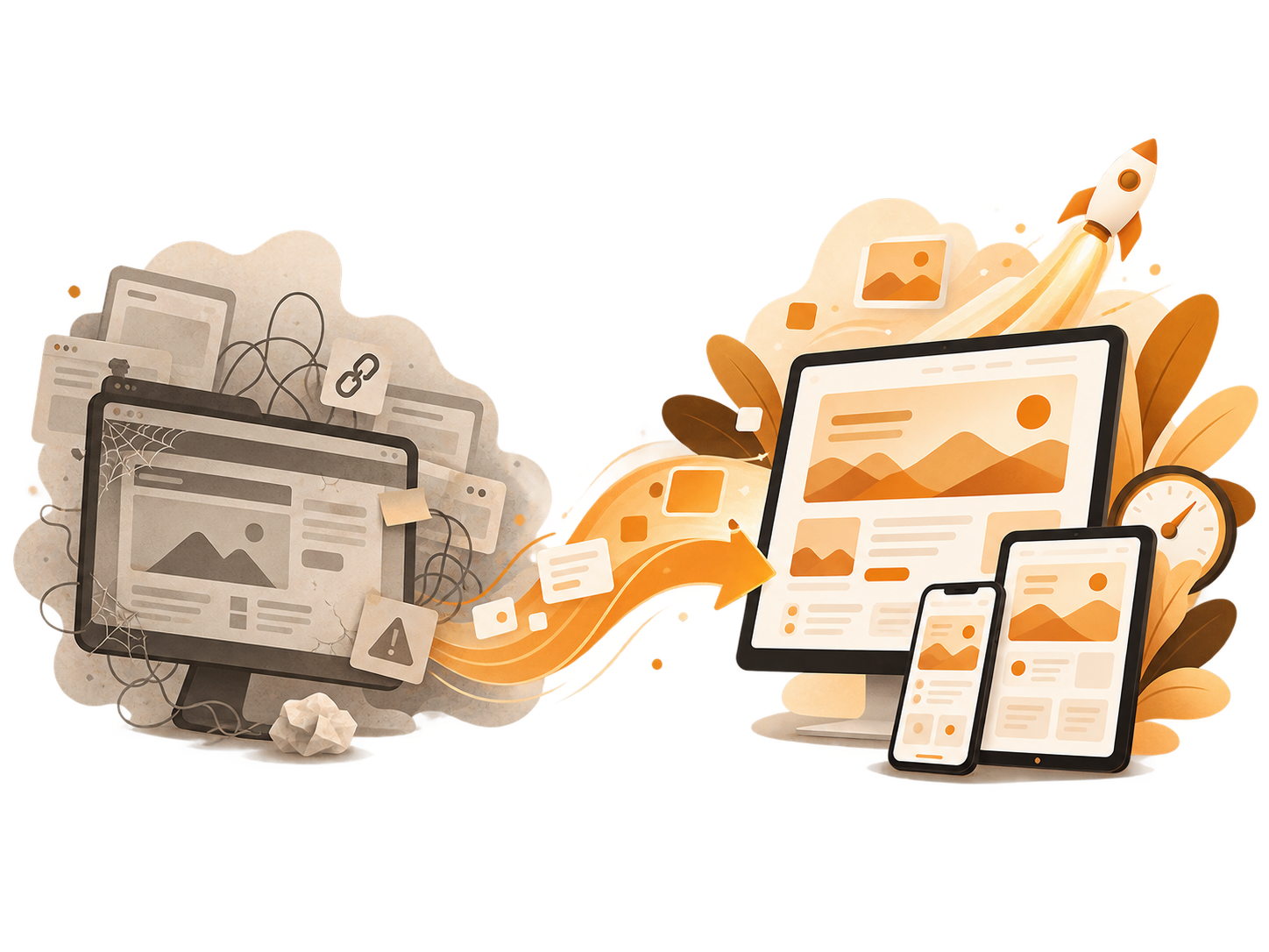 Ein graues, veraltetes Browserfenster geht über zwei orange Pfeile in ein helles, aufgeräumtes Layout über.